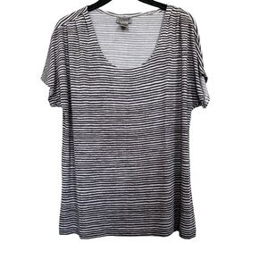 Chico’s Travelers Sz 3(XL) Grey White Stripe Pleated Shoulder Scoop Neck Top